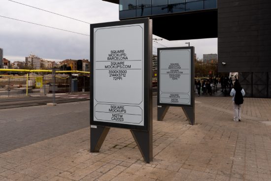 Urban outdoor advertising mockup with blank square billboards in city setting for designers to showcase work, near streets with pedestrians.